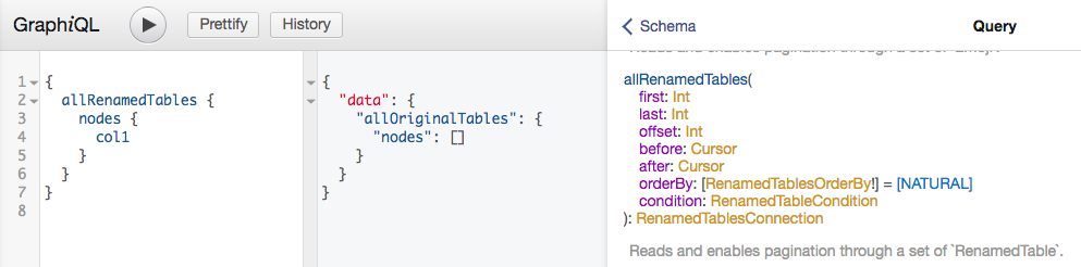 GraphiQL displaying allRenamedTables